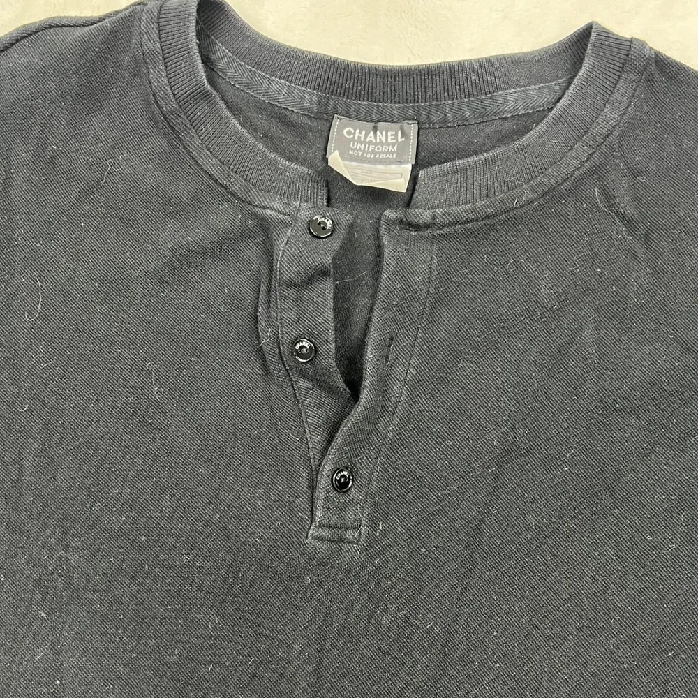 Chanel Uniform Henley Top Womens M Black Short Sleeve Pique CC Logo 20P
